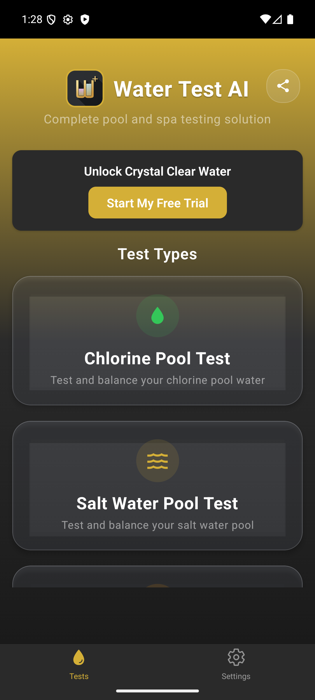 Water Test Calculator app home screen showing chlorine and salt test options